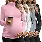 Sweetyweee 4 Pack Women's Maternity Shirts, Turtleneck Long Sleeve Pregnancy Tee Tops Side Ruched Mock Neck Maternity Clothes