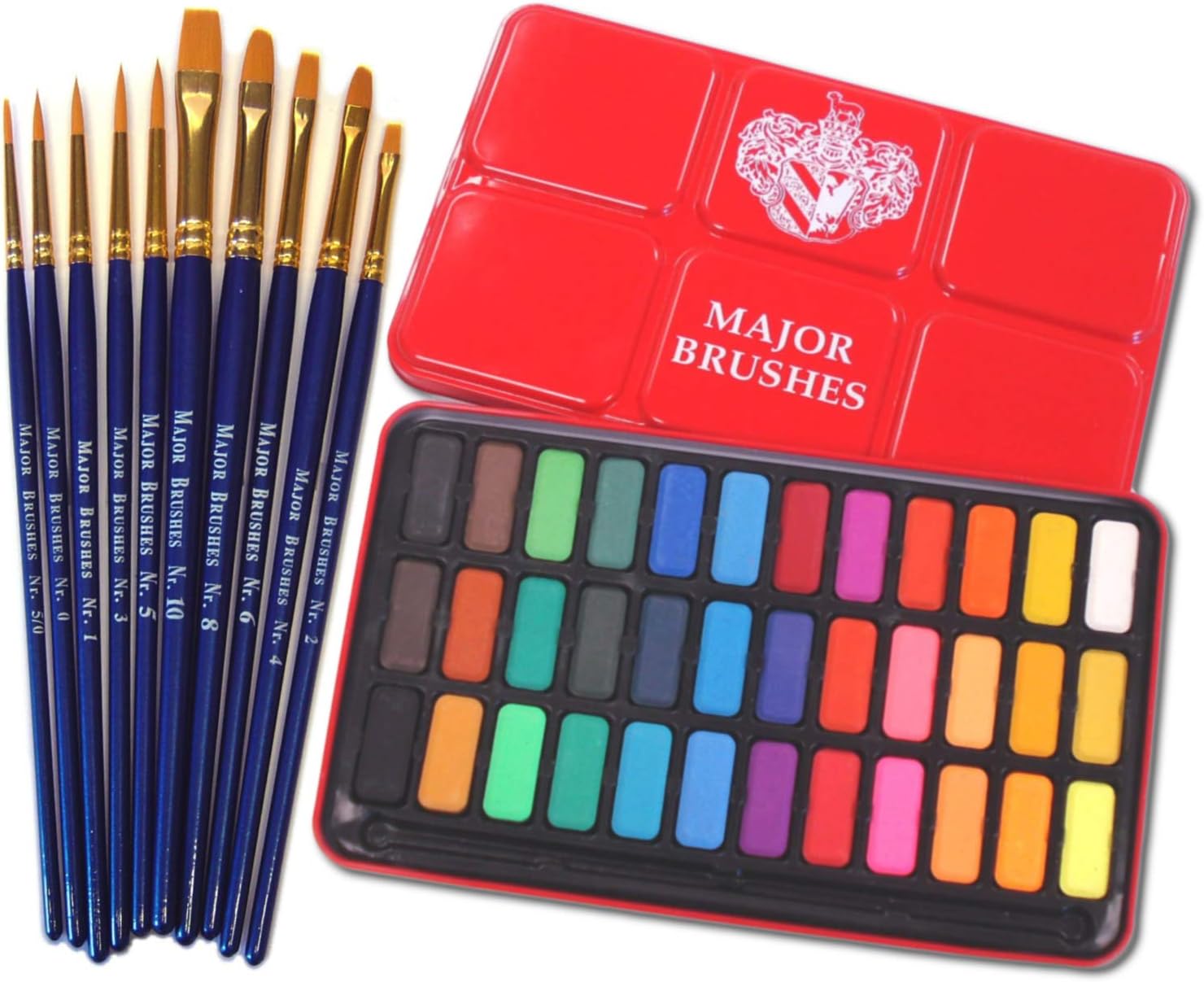 Major Brushes Artist Watercolour Paint 36 Blocks Red Metal Tin Plus 10