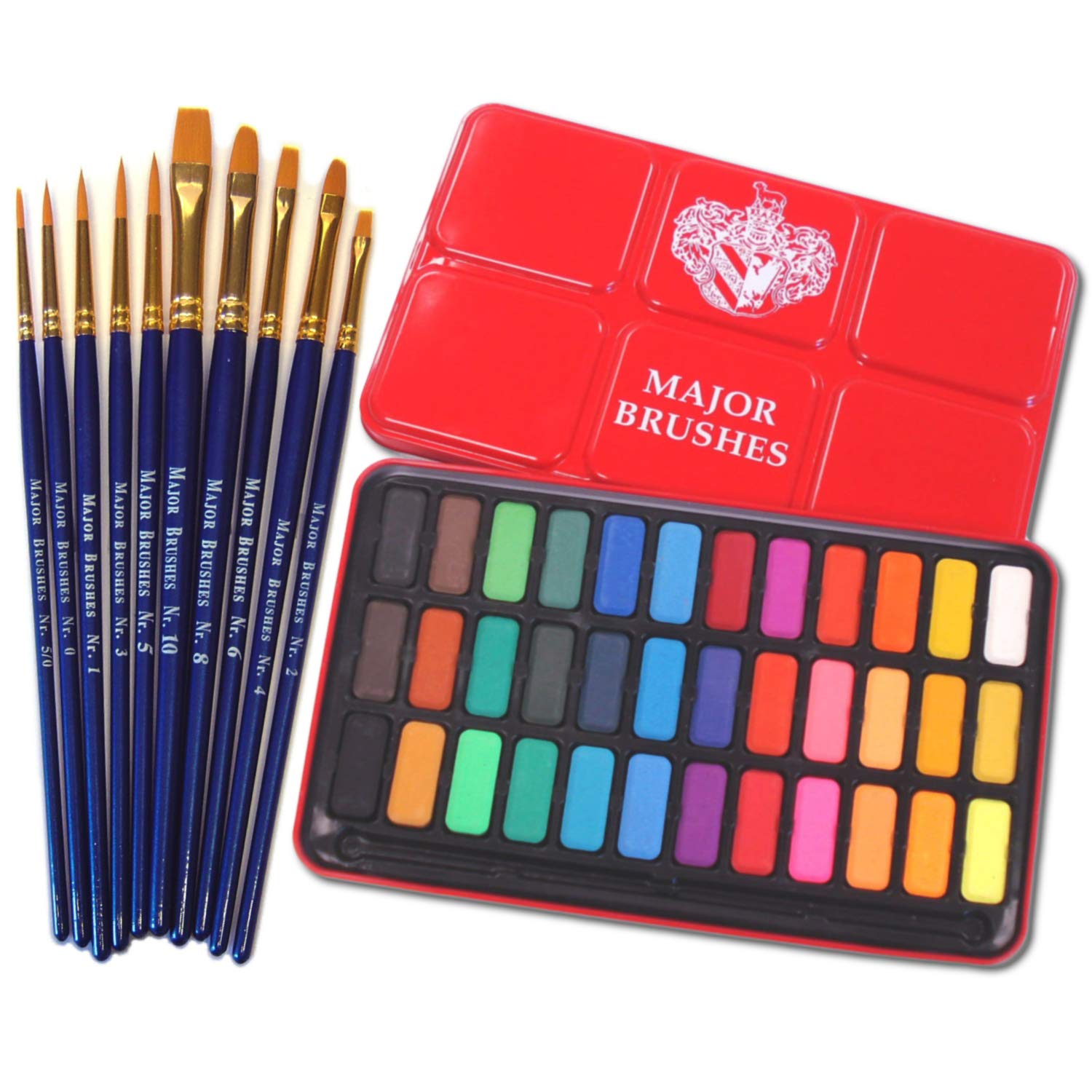 Major Brushes Artist Watercolour Paint 36 Blocks Red Metal Tin plus 10 Synthetic Sable Orange Brush Set - Round, Flat, Filbert