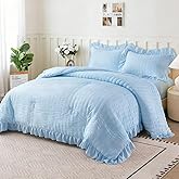 NTBED 5 Pieces Seersucker Comforter Set for Girls Kids, Soft Chic Ruffled Bedding Sets, Boho Princess Bed in a Bag(Blue,Twin)
