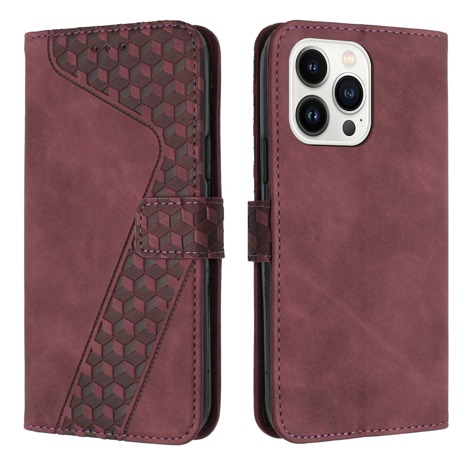 TOHULLE for iPhone 14 Pro Case, Premium Leather Wallet Case Card Holder Kickstand Magnetic Closure Plaid Pattern Embossed Design Flip Folio Wallet Cover for iPhone 14 Pro - Wine Red