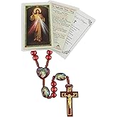 Trendzeen Divine Mercy Chaplet - Prayer Card, Divine Mercy Rosary with Red Wooden Beads, Jesus Christ Heart Centerpiece and Cross Crucifix, The Lord's Prayer Card | Catholic Set Of 3 Items
