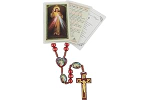 Trendzeen Divine Mercy Chaplet - Prayer Card, Divine Mercy Rosary with Red Wooden Beads, Jesus Christ Heart Centerpiece and Cross Crucifix, The Lord's Prayer Card | Catholic Set Of 3 Items