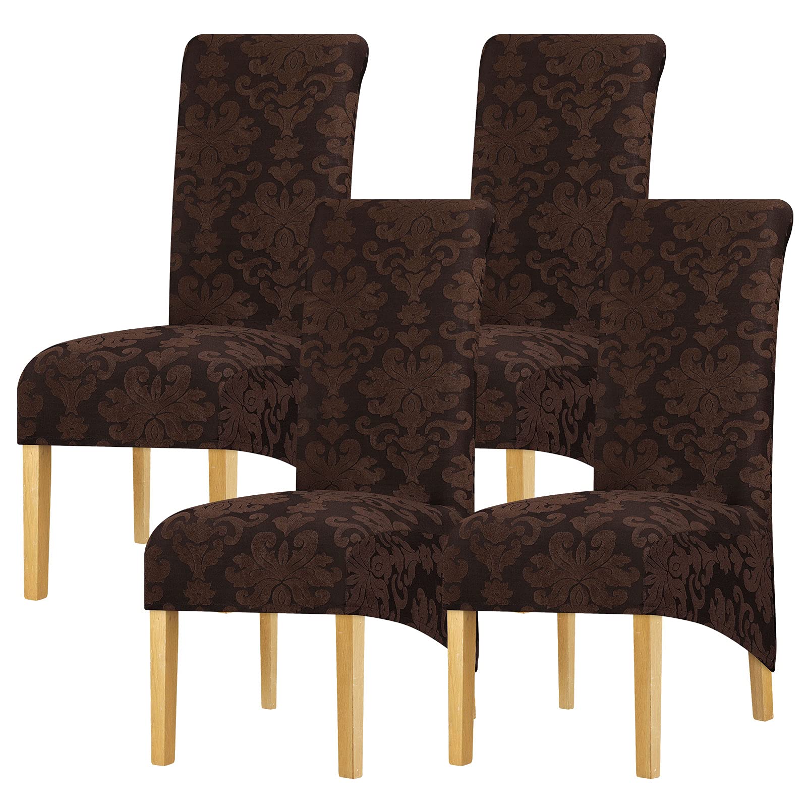 Leorate Jacquard Stretch Dining Chair Covers Set of 4 – High Back Elastic Slipcovers for Dining Chairs, Washable Furniture Protector for Kitchen, Banquet, Wedding & Home Decor (Dark Brown)