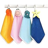 Gouccpu Hanging Hand Towels for Kitchen Bathroom,4 Pack Super Soft Hand Dry Towels with Hanging Loops, Cute Cartoon Kids Toddler Hand Towels, Highly Absorbent Coral Fleece Tea Towels Dish Cloth
