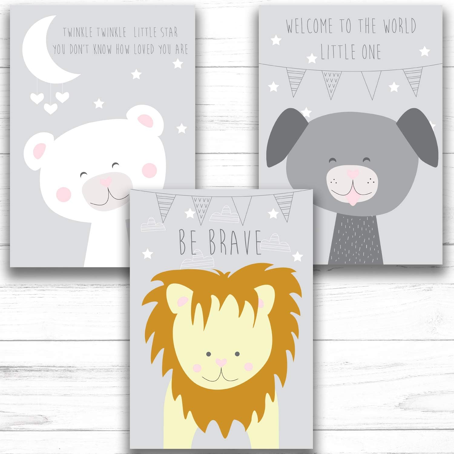 Fabian Roo 3pc Hand Drawn Nursery Décor - Adorable A4 Card Prints - Optional Wooden Frames Available! (36 - Bear, Dog, Lion (Grey), A4 Card Print)