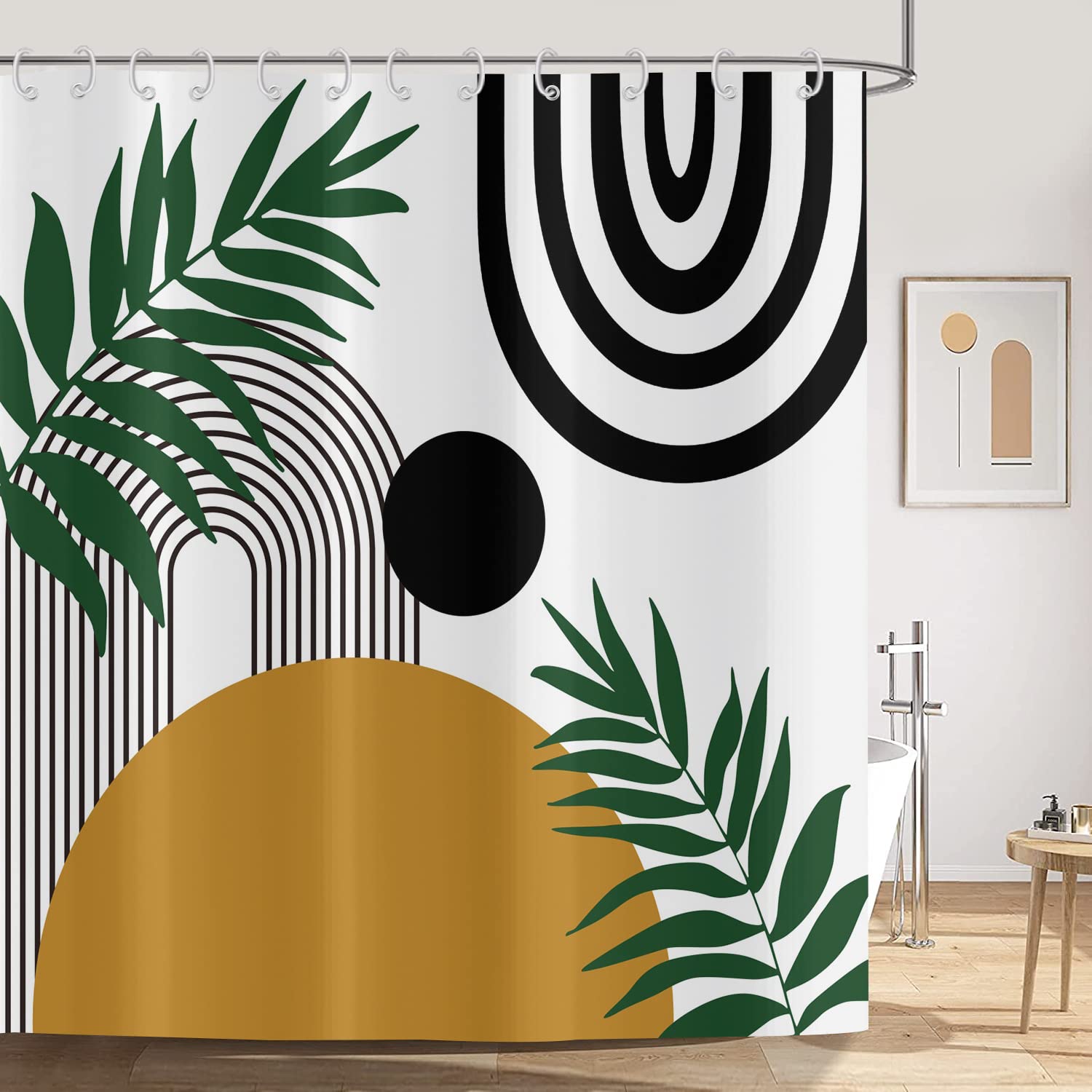 ASDCXZ Boho Shower Curtain 180x180 cm, Waterproof Fabric Shower Curtains, Modern Abstract Art Boho Style Green Leaves Sun White Outdoor Washable Polyester Bathroom Curtain with 12 Hooks