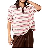 RoseSeek Women's Summer Tops Striped Short Sleeve Collared Button Up Preppy T Shirt Streetwear