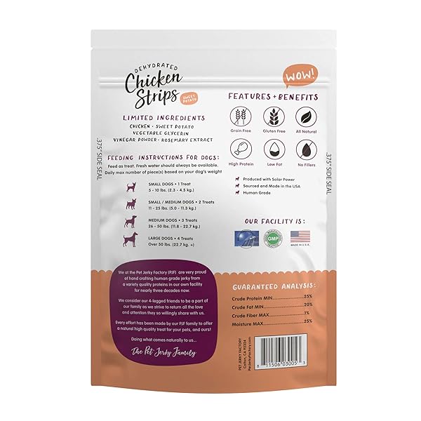 PET JERKY FACTORY PREMIUM CHICKEN AND SWEET POTATO 5 OZ. DOG JERKY TREATS |100% HUMAN GRADE | USA MADE | HIGH PROTEIN | LOW FAT | GRAIN FREE | LIMITED INGREDIENTS | BHA-BHT FREE | SOFT-TENDER