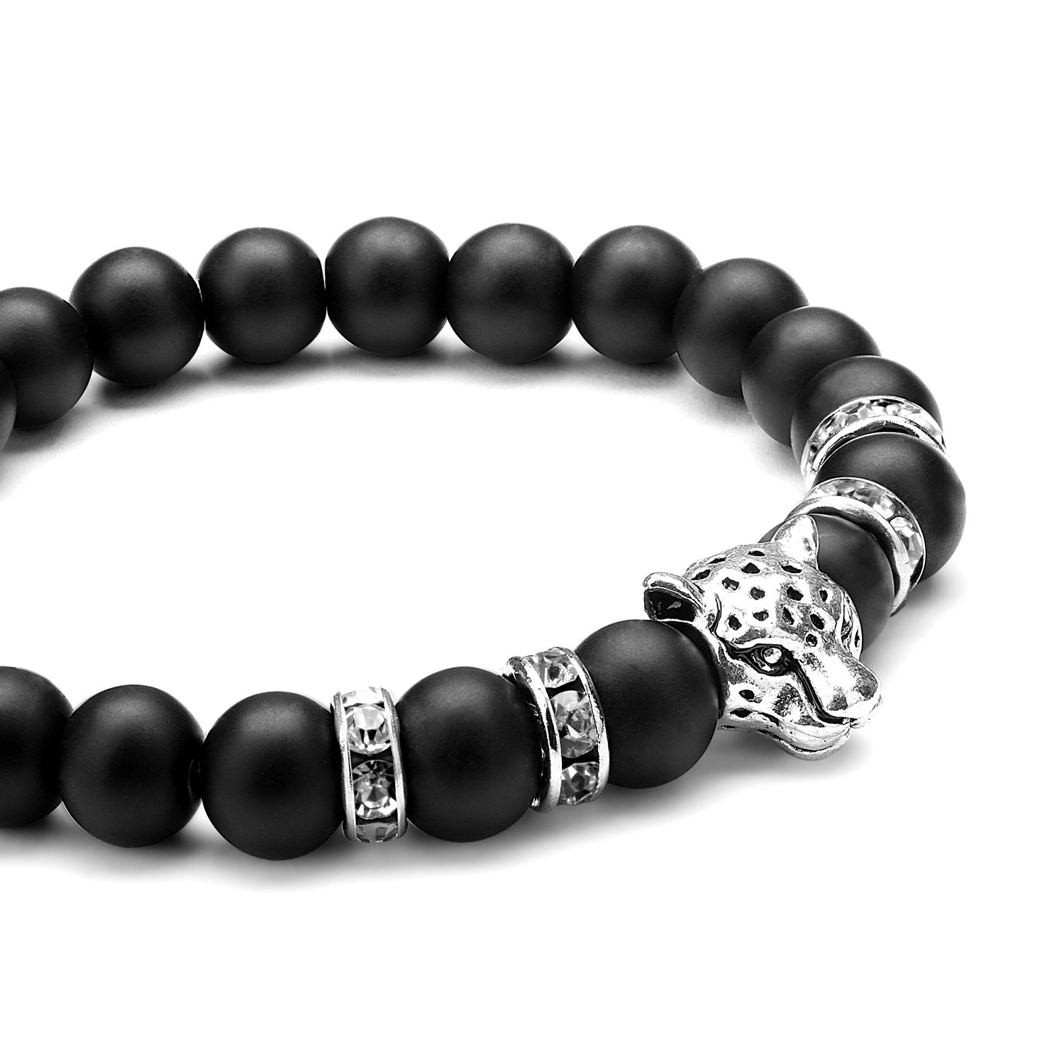 Energy Beads Bracelet,UHIBROS Unisex Natural Tiger Eyes,Black Matte,Weathering Agate Natural Gemstone Beads Stretch Bracelets With Leopard Head Gold,Silver