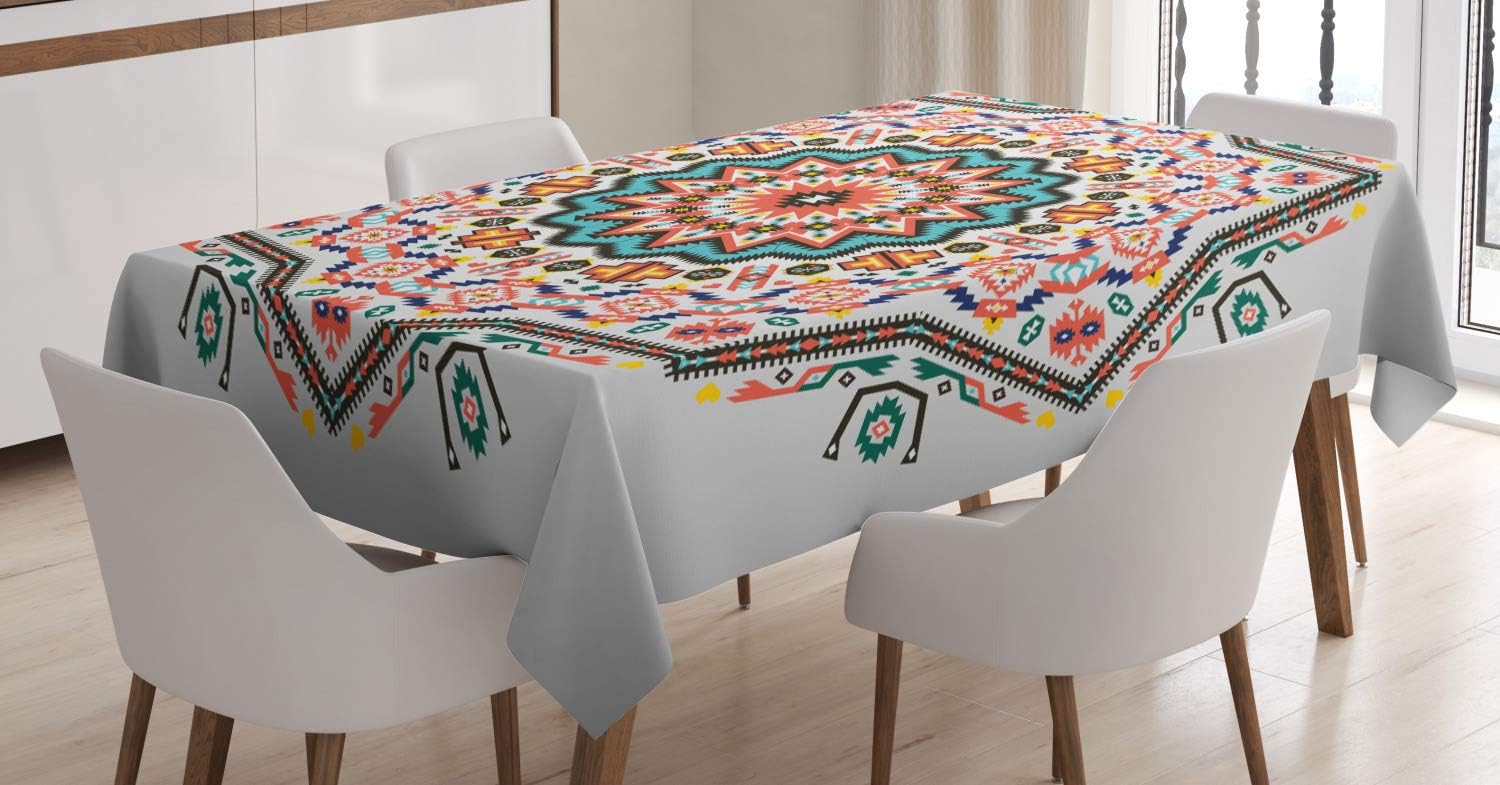 ABAKUHAUS Tribal Tablecloth, Abstract Sun Aztec Style, Dining Room Kitchen Rectangular Table Cover, 54 W X 66 L, Turquoise and Coral