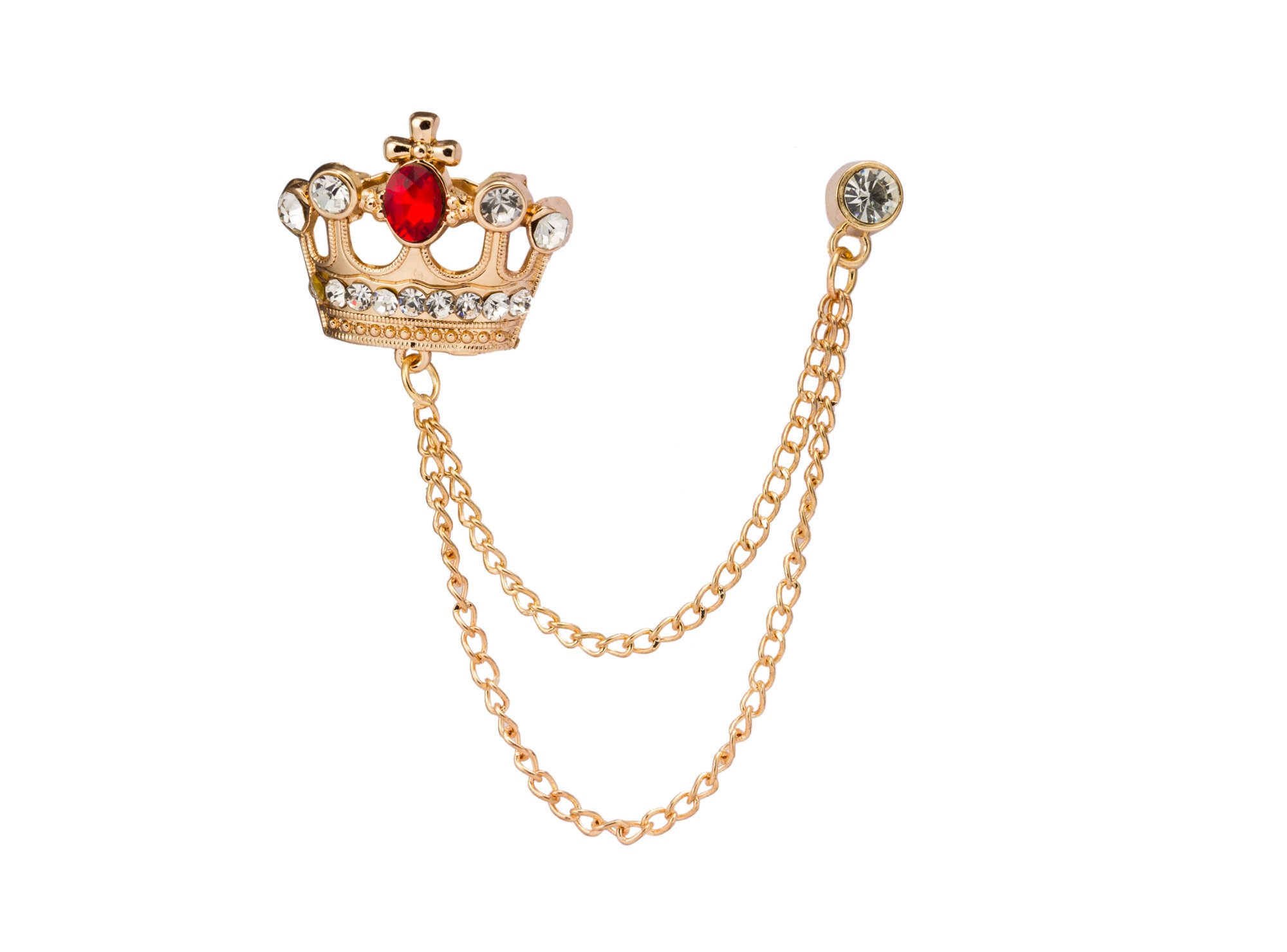 Brooch Lapel Pin for Men Golden Crown with Red Stone and Hanging Chain Golden Badge Coat Suit Wedding Gift Party Shirt Collar Accessories