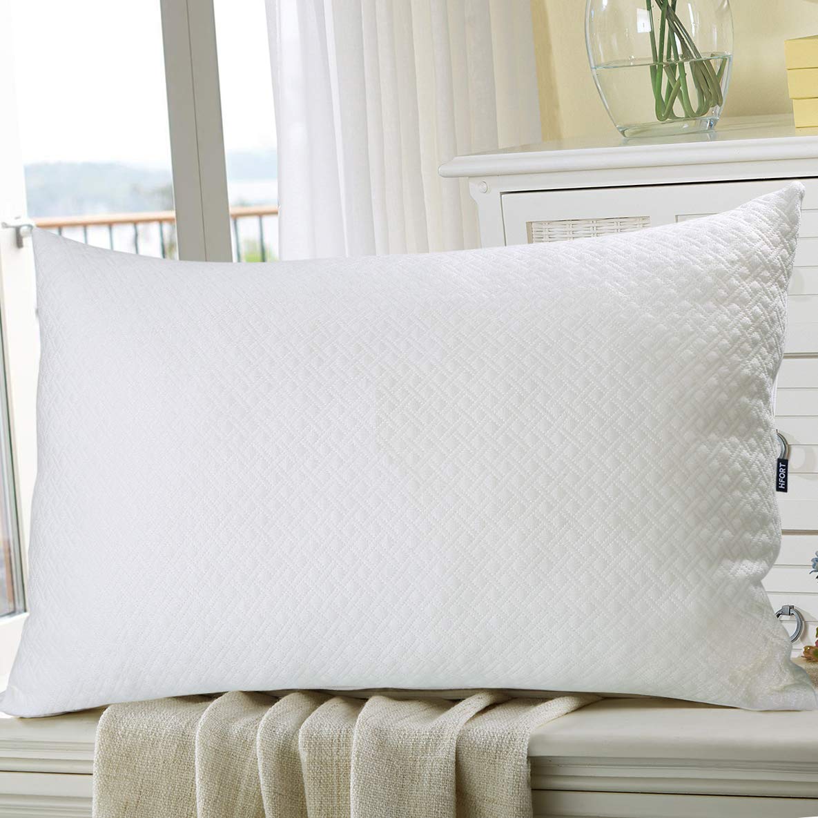 HIFORT Shredded Memory Foam Cooling Pillow - Queen Bed Pillows for Sleeping with Hypoallergenic Removable Bamboo Cover - Hotel Quality Adjustable Loft for Stomach Back and Side Sleeper