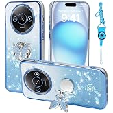 RTYQXK for Xiaomi Redmi A3 Phone Case,for Xiaomi Poco C61 Mobile Phone Case for Women and Girl, Glitter Butterfly Floral TPU Protective Cover with Kickstand+Strap for Redmi A3x (Blue)