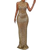 PORRCEY Women's Sexy Elegant Rhinestone Mesh See Through Bodycon Party Club Night Prom Dress