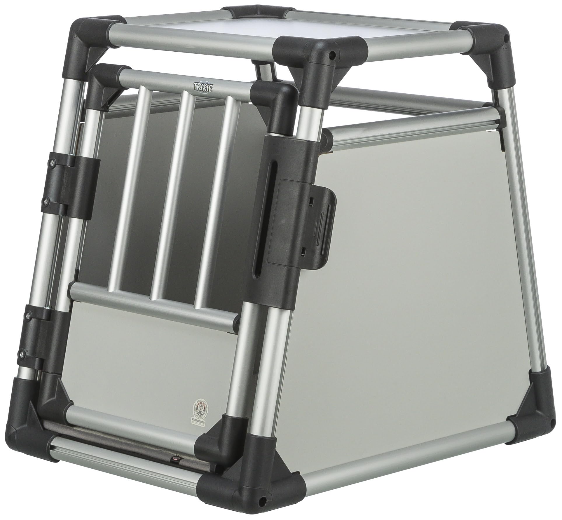 TRIXIE aluminium dog transport crate in graphite – size L: 36 × 25 × 31 in, sturdy and low-noise dog crate with slanted sides, safety lock and non-slip lying mat – 39340