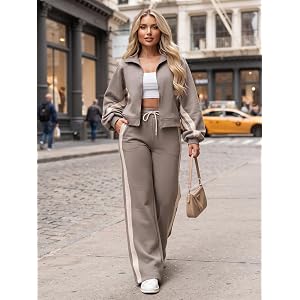 Women's 2 Piece Tracksuit Outfit, Zip Up Striped Jacket Wide Leg Sweatpants Matching Casual Lounge Set