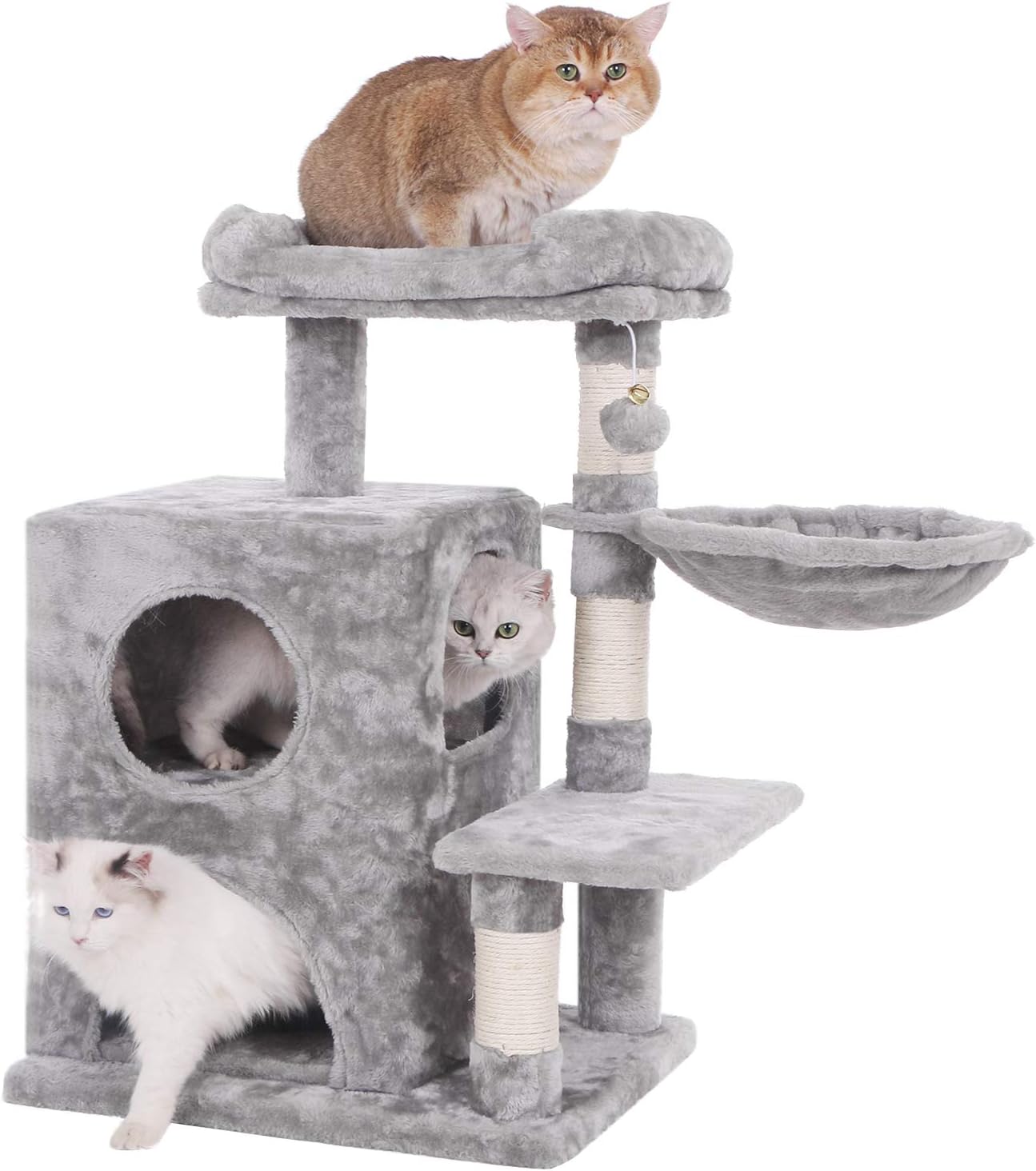 BEWISHOME Cat Tree Condo with Sisal Scratching Posts, Plush Perch, Dual Houses and Basket, Cat Tower Furniture Kitty Activity Center Kitten Play House, Light Grey MMJ06L : Pet Supplies