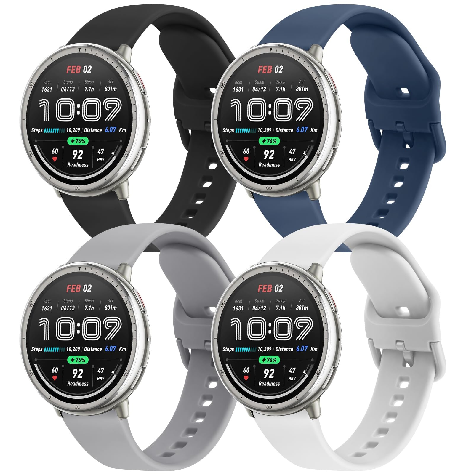 AK 4Pack Bands Compatible with Amazfit Active 2 / Active Watch Band Women Men, Soft Replacement Strap for Amazfit GTS 4 3 2 2e/GTS 4 2 Mini/GTR mini/Bip 3/3 Pro/Bip U Pro/Bip S Lite (F)