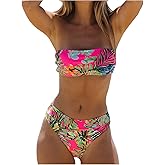 MakeMeChic Women's Bandeau Bikini Sets Strapless Tropical Print High Cut 2 Piece Bathing Suit