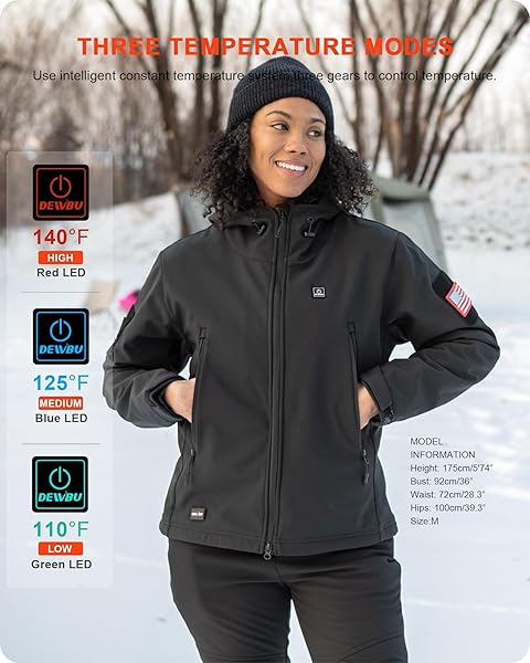 DEWBU HEATED JACKET FOR WOMEN WITH 12V BATTERY PACK WINTER OUTDOOR SOFT SHELL ELECTRIC HEATING COAT, WOMEN’S BLACK, M