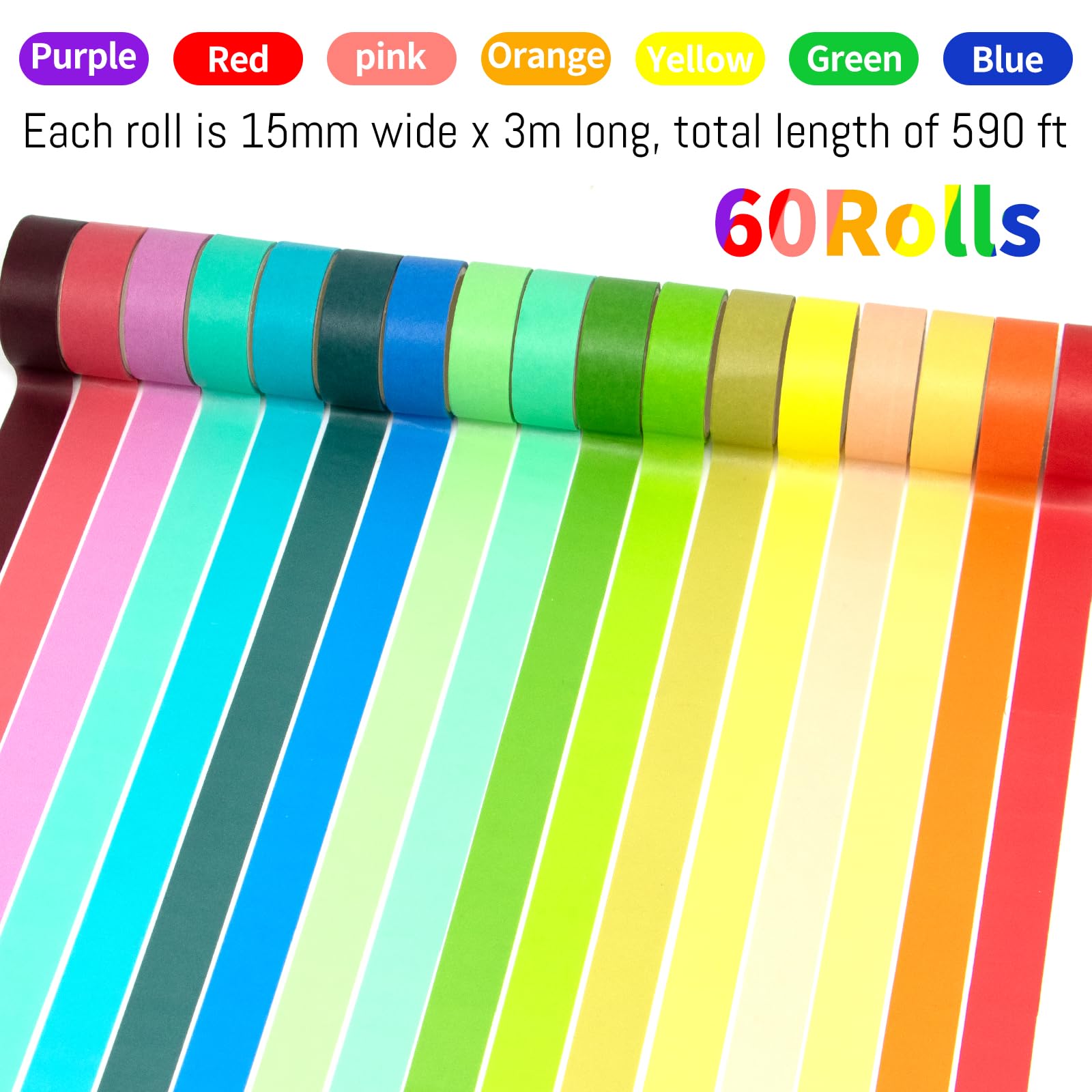 WAPETASHI 60 Rolls Washi Tape Set - 15mm Rainbow Colored Masking Tape, Decorative Tape for Bullet Journaling, Scrapbooking, DIY Arts & Crafts, Christmas Gift, Holiday Decoration