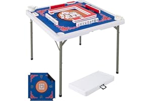 Goplus Mahjong Table, 35" Square Folding Card Table w/4Cup Holders, Anti Slip Mat, HDPE Tabletop, Metal Legs, Portable Mahjong Game Table for Domino Game, Picnic (Table w/Removable Mat, Blue)
