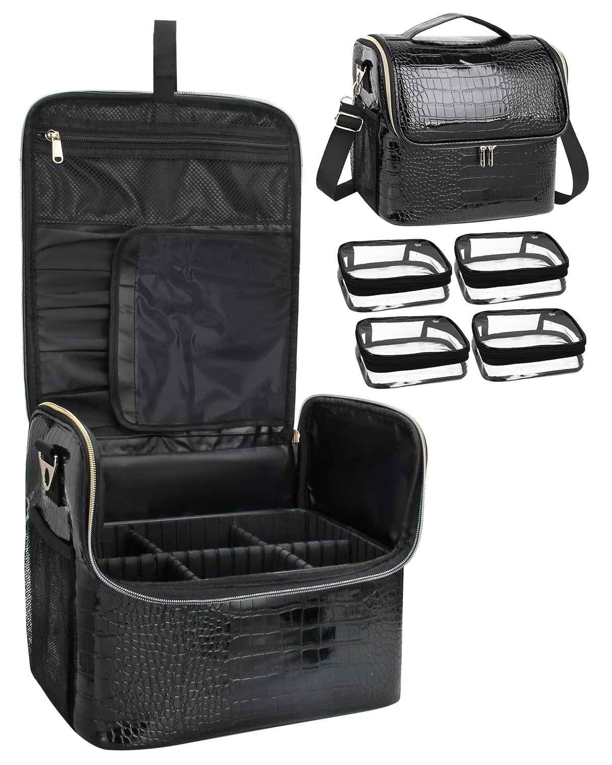 Photo 1 of Travel Makeup Case with 4 Small Bag, Professional Makeup Artist Bag Tattoo Case Makeup Organizer Box with Adjustable Dividers and Shoulder Strap (Medium, Black)