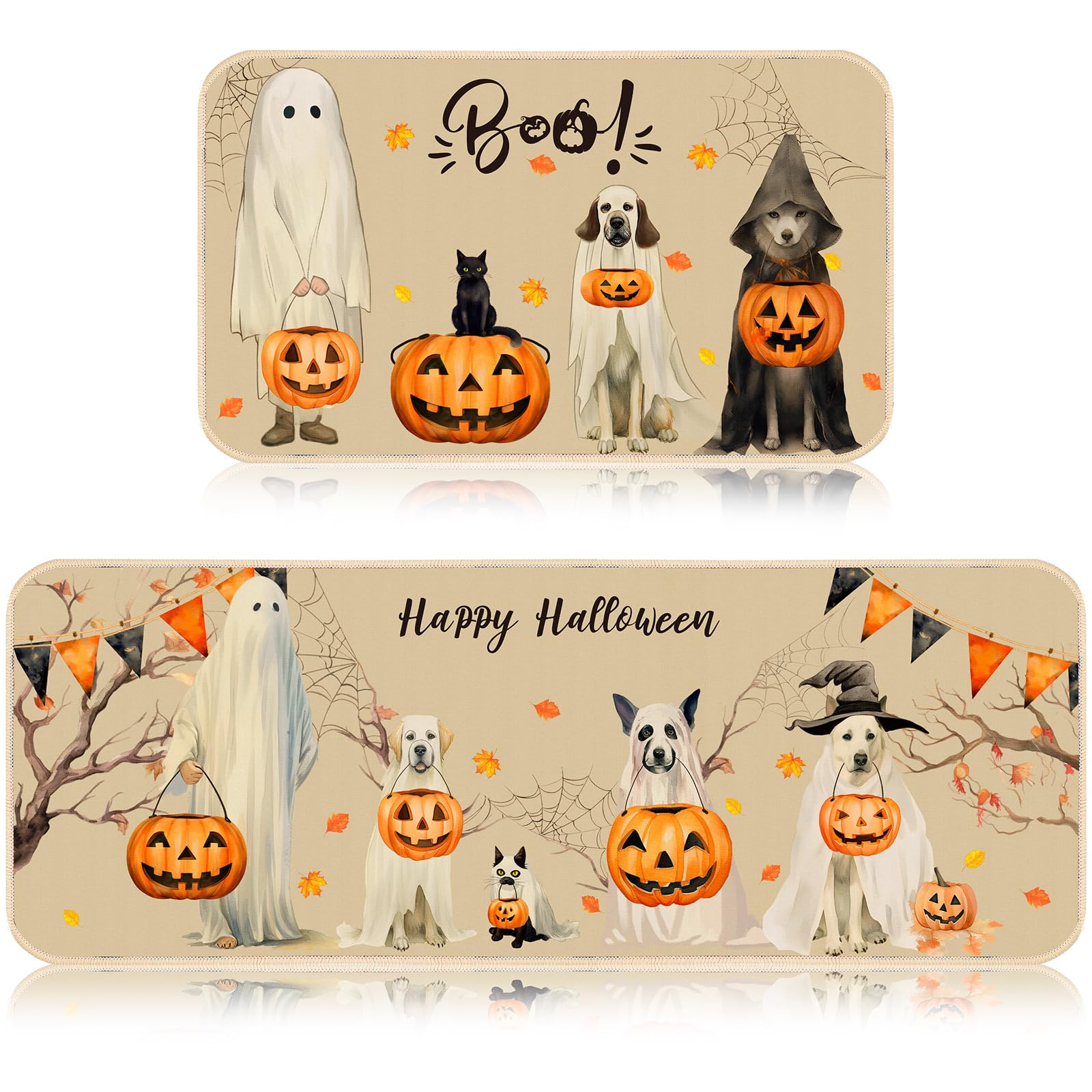 Photo 1 of Ceenna 2 Pcs Halloween Boo Pumpkin Kitchen Rugs Halloween Decorative Kitchen Mats Set Halloween Party Pumpkin Ghost Floor Mats Suitable for Home