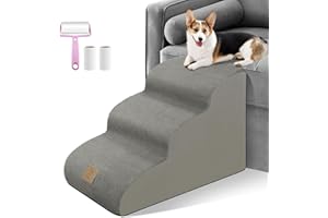 MESTUEL 3-Tiers High Density Foam Dog Stairs for High Bed Sofa,Soft Foam Ramp Steps Stairs with Machine Washable Fabric Cover,Slope Stairs Friendly to Pets Joints-1 Lint Roller with 2 Refills,Light Gray