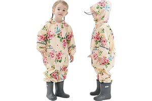 Hovkib Toddler Kids Rain Suit Girls Boys One Piece Raincoat Waterproof Coverall Lightweight Rainwear Rain Jacket 1-10 Years