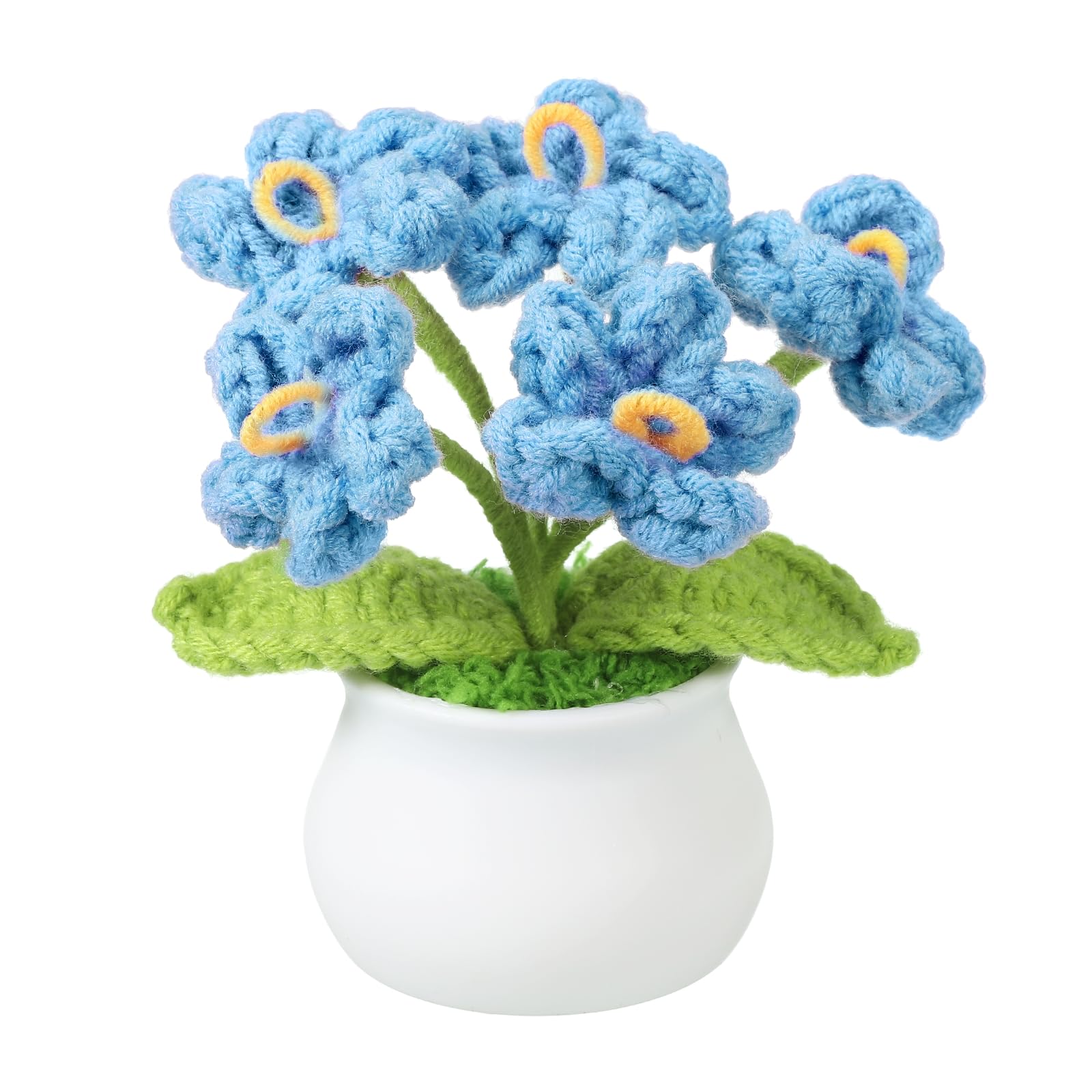 PATIKIL Crochet Flowers, Handmade Knitting 5 Head Forget Me Not Artificial Woven Small Potted with Stems for Valentine's Gifts Home Wedding Party Office Tables Decoration, Blue