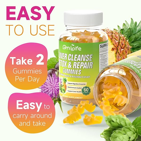 LIVER CLEANSE DETOX & REPAIR GUMMIES WITH MILK THISTLE 3000MG, 24-IN-1 LIVER HEALTH SUPPLEMENT WITH DANDELION, ARTICHOKE, SUGAR FREE LIVER DETOX GUMMIES, PINEAPPLE FLAVOR – 60 COUNT