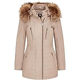 Women's Leather Parka Jacket Quilted Detachable Hooded Trench Coat