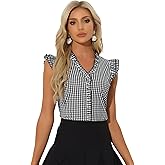 Allegra K Gingham 50s Tops for Women's Cute Cap Sleeve Ruffle Plaid Shirt
