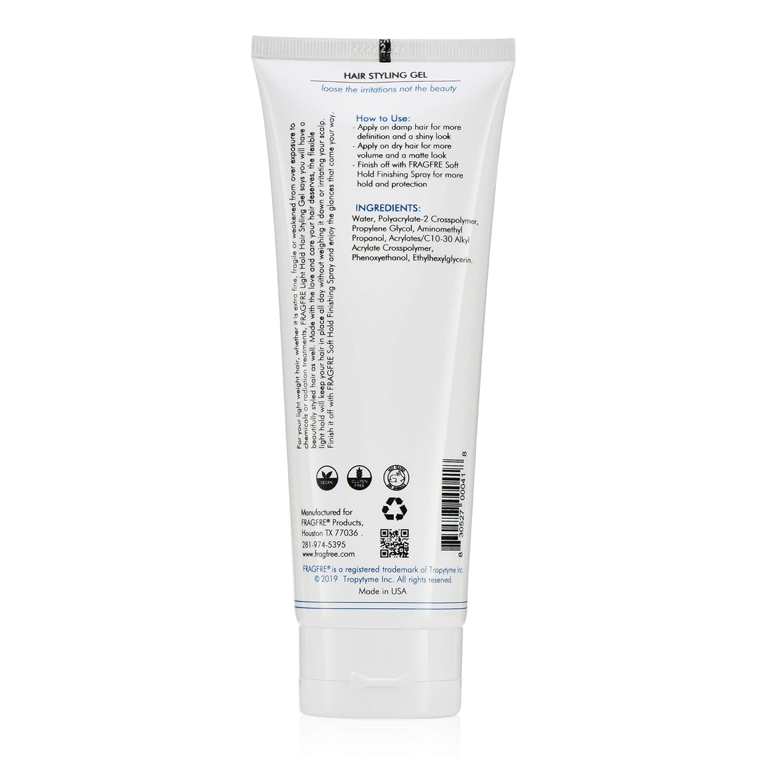 FRAGFRE Light Hold Hair Gel Fragrance Free 8 oz - Lightweight Styling Gel for Fine Fragile and Weakened Hairs - Paraben Free Hypoallergenic Sensitive Formula - Vegan Gluten Free Cruelty Free (1 Pack) : Beauty