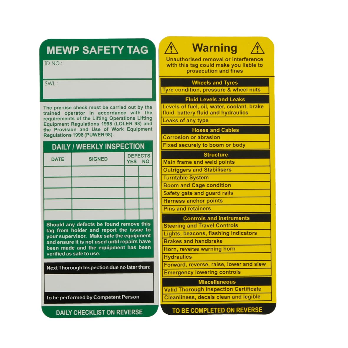 MEWP Safety Tags Pack of 10 Polypropylene W75mm x H180mm