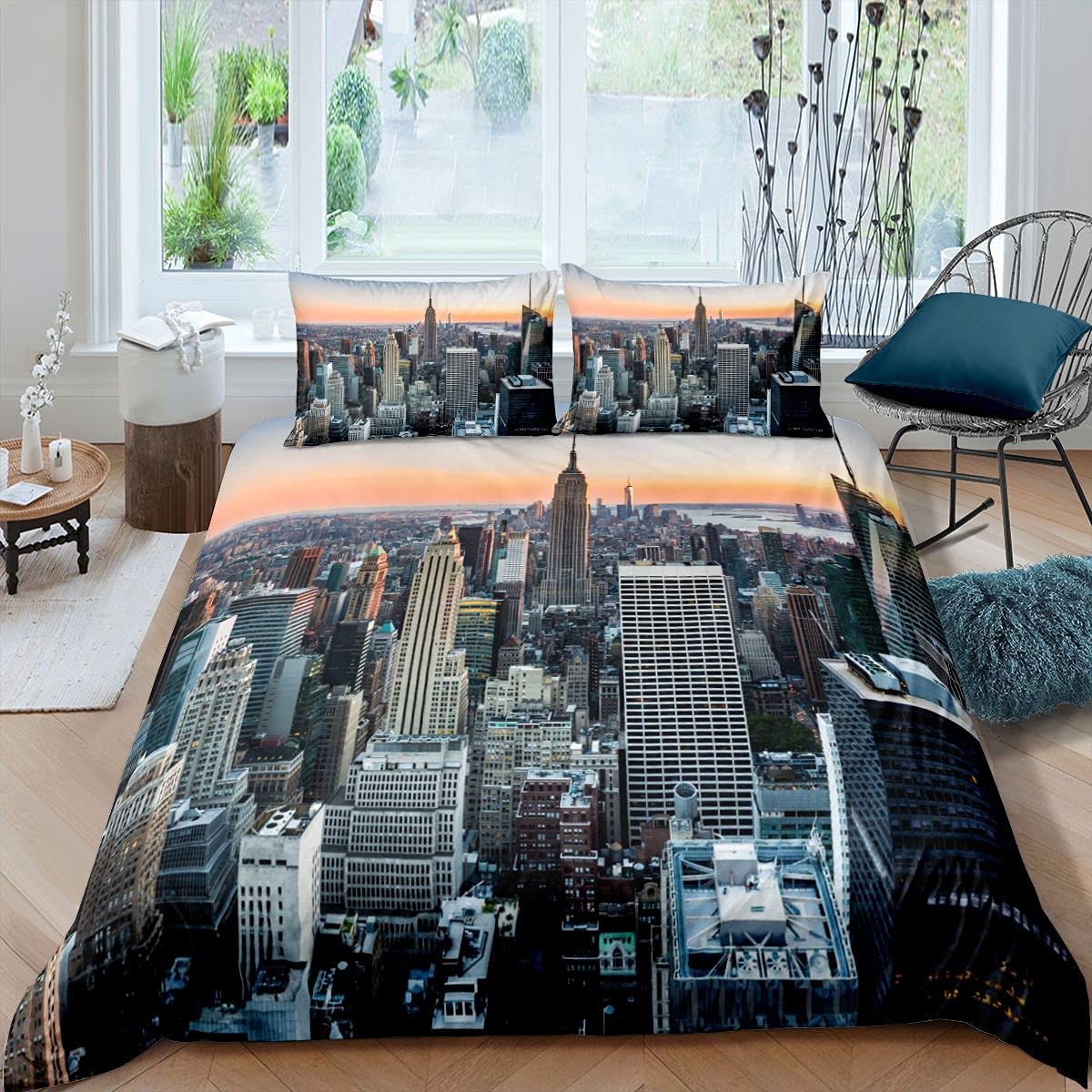 Loussiesd New York Duver Cover Set New York City Manhattan Skyline Cityscape Bedding Set Contemporary Artistic Sunset Landscape Quilt Cover 2Pcs Single Size