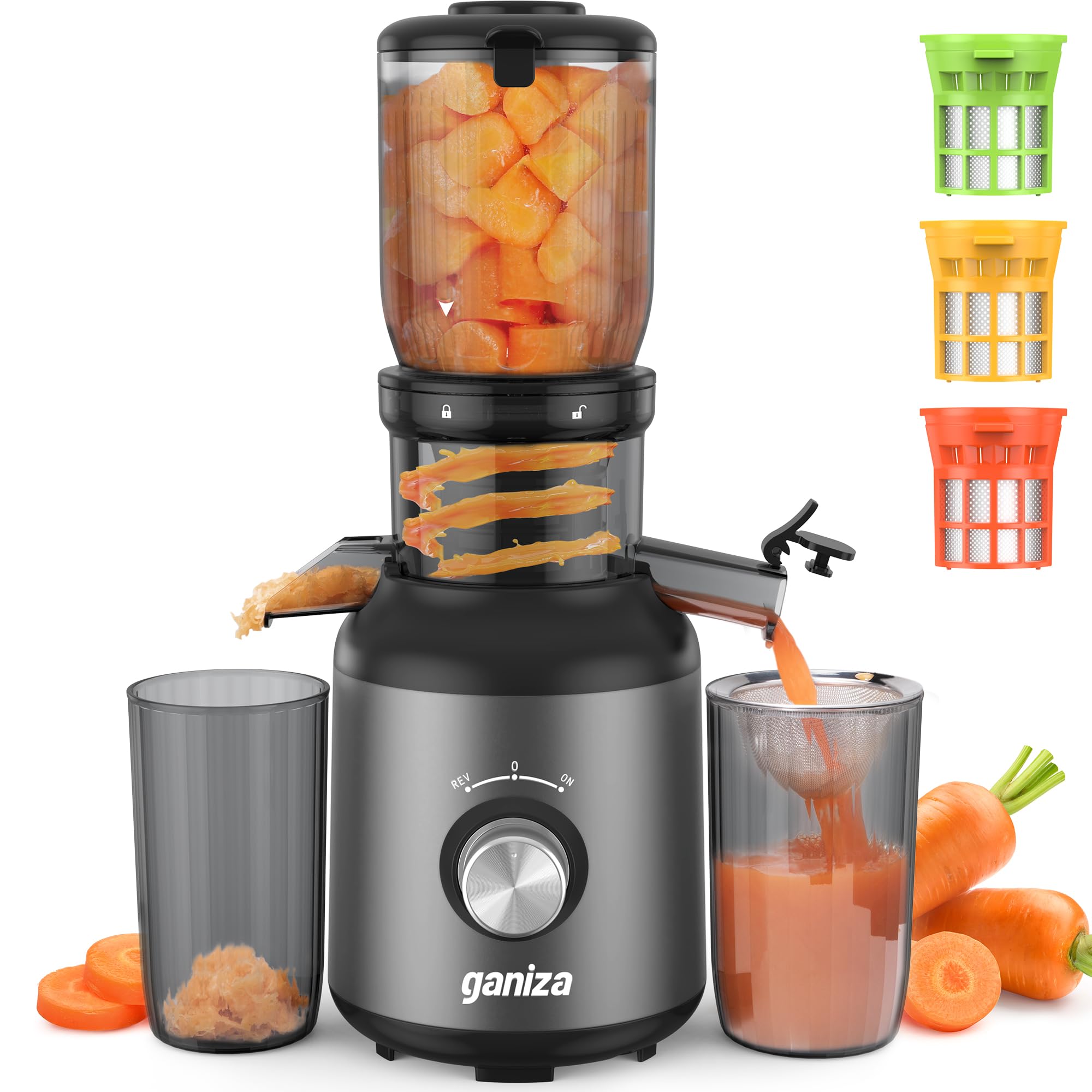 Photo 1 of Ganiza Juicer Machines, Cold Press Juicer with Large Feed Chute for Whole Fruits & Vegetables, Slow Masticating juicers with 3 Replace Filters for Batch Juicing, Easy to Clean, BPA Free (Black)
