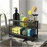 ARKFUSION 2-Tier Sink Sponge Caddy Organizer | Self Drain Sink Caddy with Dish Brush Holder | Non Toxic Kitchen Sink Accessories for Sponges, Brushes & Soap (Black)