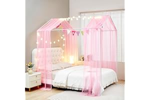 Mengersi House Bed Canopy Bed Curtains with Lights,Montessori Floor Bed Canopy for Girls Boys,Four Poster Bed Curtains House Bed Decoration (Twin/Twin XL, Pink)