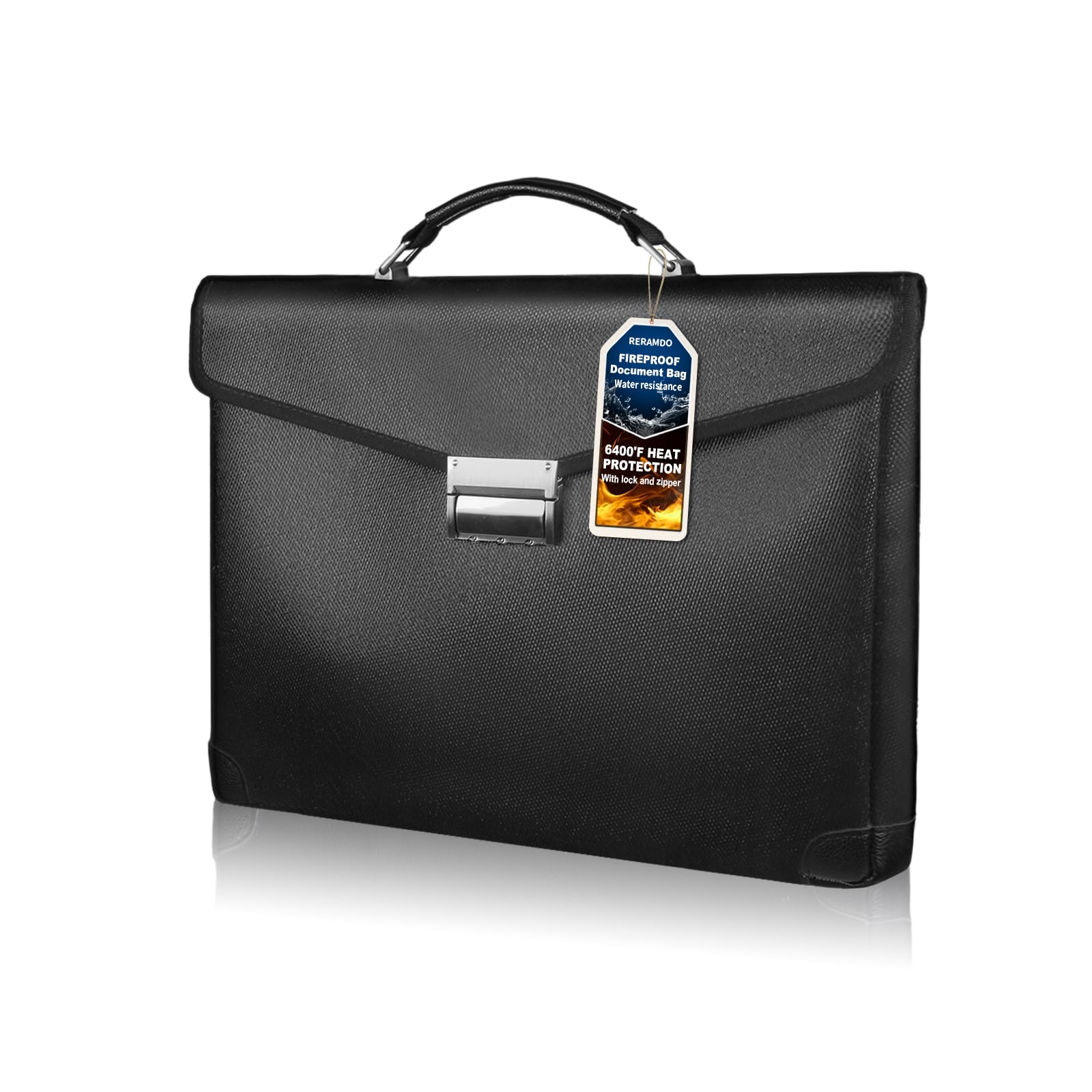 Photo 1 of **MINOR DAMAGE (broken lock)** RERAMDO Fireproof Document Bag 14.5"X11"X2.5" Fireproof Money Bag for Cash With Lock and Zipper,Fire&Waterproof Storage Organizer Pouch for Valuables,Legal Document,Laptop,Passport,(Black)