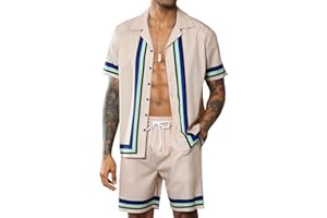 LecGee Men Hawaiian 2 Piece Set Luxury Striped Tracksuit Button Down Short Sleeve Shirt Summer Vacation Beach Outfits