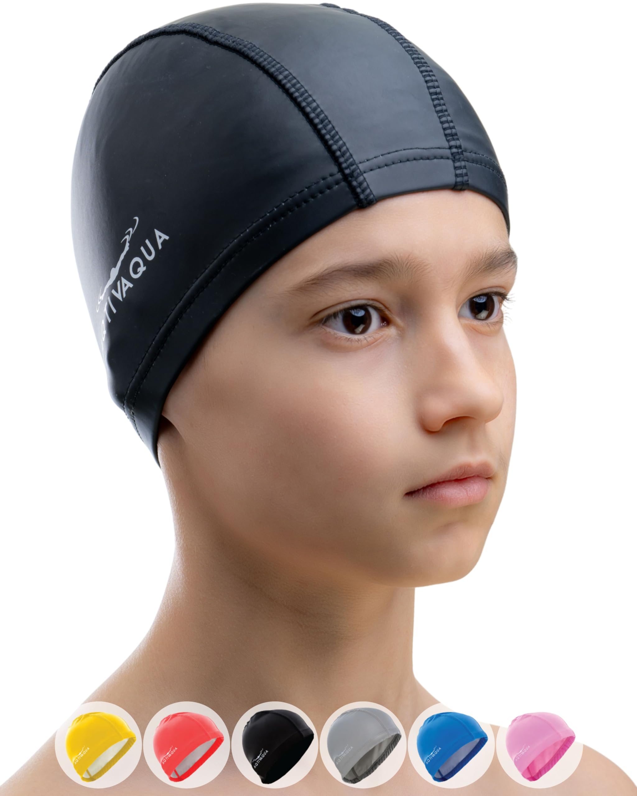 AqtivAqua Kids Swimming Cap for Toddlers & Preschoolers (1-5 Years) Swimming Hat Kids Swim Cap for Little Boys and Girls (Black color, Toddler size)