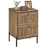 Giantex Night Stand, Mid Century Modern Sofa End Bedside Table w/2 Woven Storage Drawers & Raised Metal Support Legs, Wood Side Table for Bedroom Home Office, Rustic Oak (1)