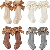Merqwadd 4-Pack Baby Girls Knee High Socks Infants Toddlers Bow Knit Socks Cotton Tube Ruffled Stockings