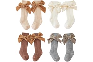 Merqwadd 4-Pack Baby Girls Knee High Socks Infants Toddlers Bow Knit Socks Cotton Tube Ruffled Stockings
