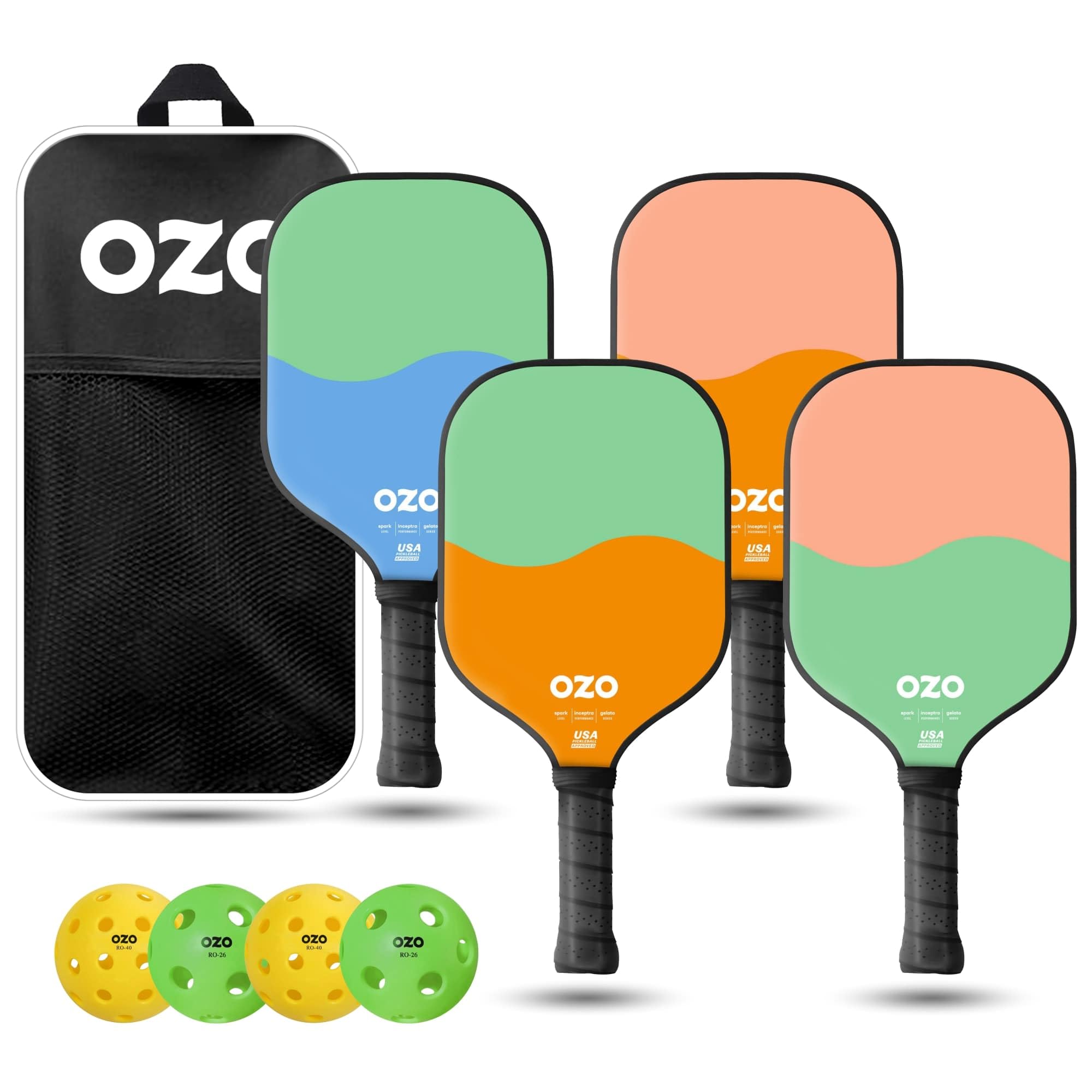 OZO Pickleball - Set of 4 Beginner Paddles + 4 Balls - 4 Control Rackets + Indoor & Outdoor Balls + Bag