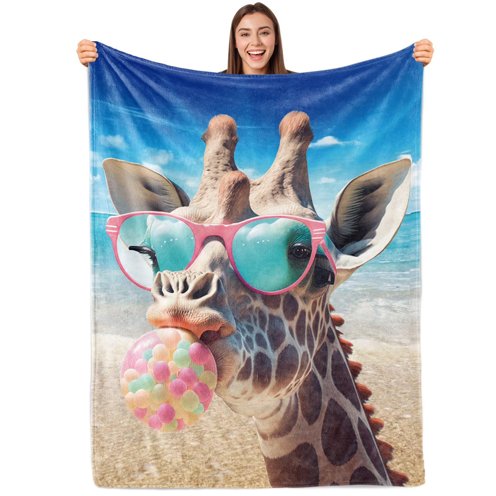 Sowide Giraffe Fleece Blanket Gift for Adults and Kids Family Animal Funny Colorful Giraffe Blanket Super Soft Plush Flannel Throw Blanket for Couch Bed Sofa 60''x80'', Blue-01