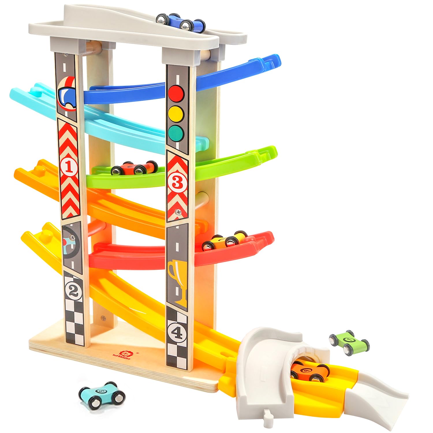 TOP BRIGHT Wooden Car Ramp Toys for 1 2 year Old Boy Gifts, Click Clack Racing Track Includes Parking Lot, Car Garage with 6 Mini Cars
